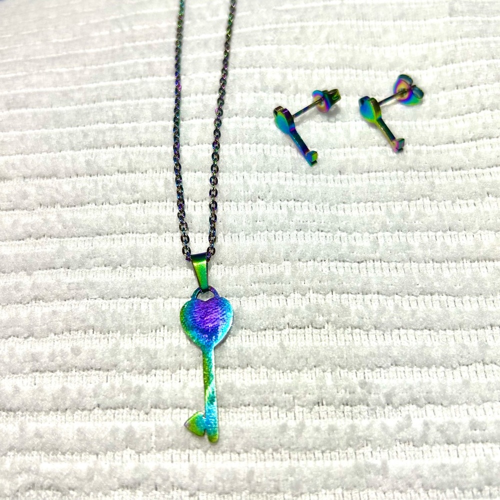 Iridescent Key Necklace and Earrings Set